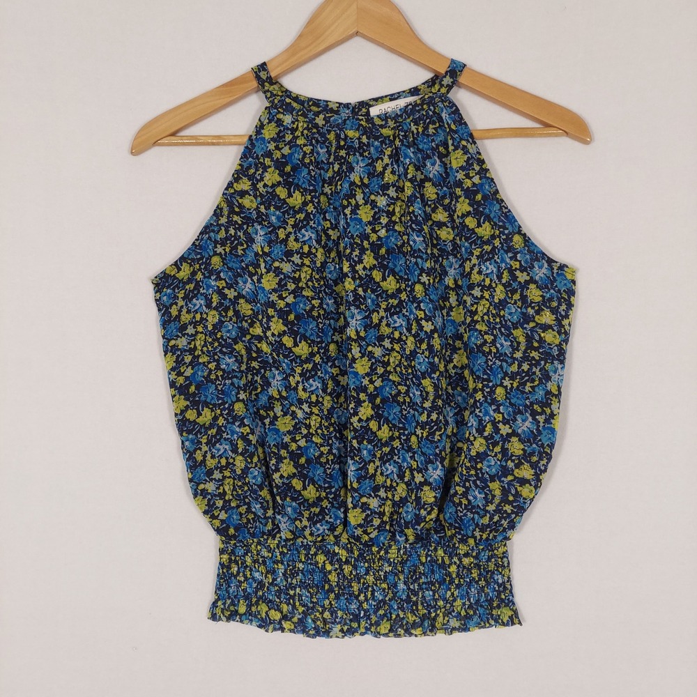 Rachel Zoe Floral Smocked Waist Pleated Blouse XS Blue High Neck Sleeveless